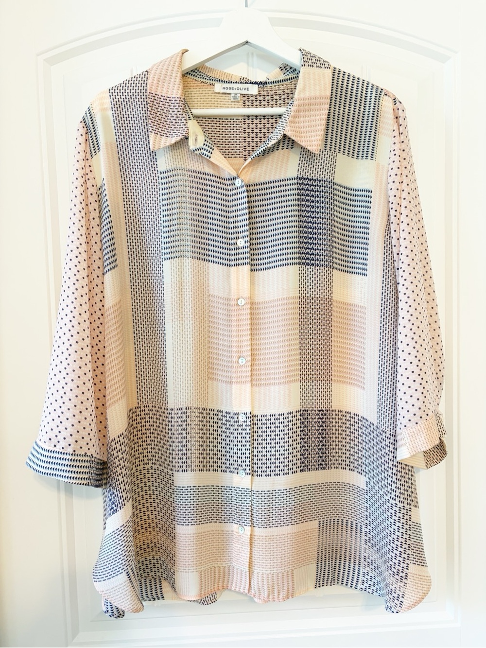 Rose & Olive Blush Pink and Black Patterned Button-Up Blouse